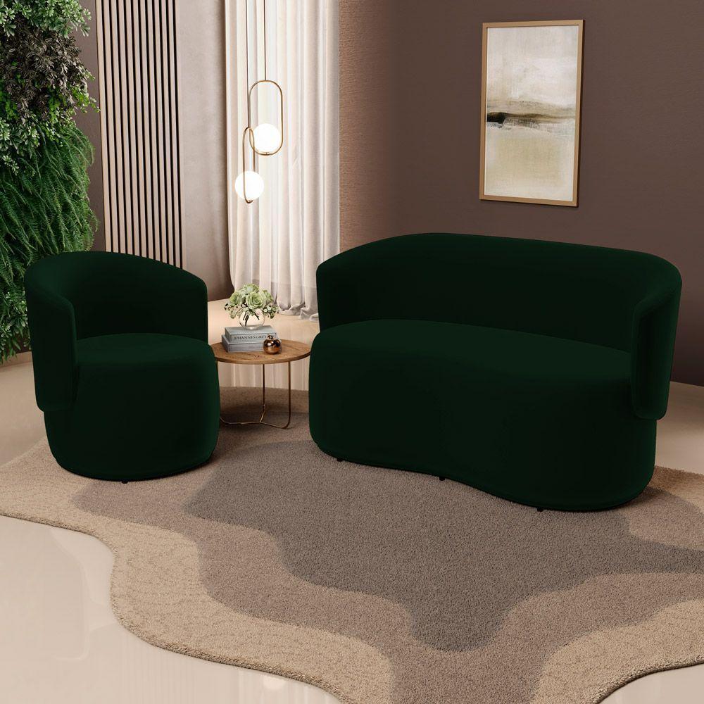 Kit Poltrona E Namoradeira Aisha Orgânica Veludo Verde Escuro - Abmaza - 2