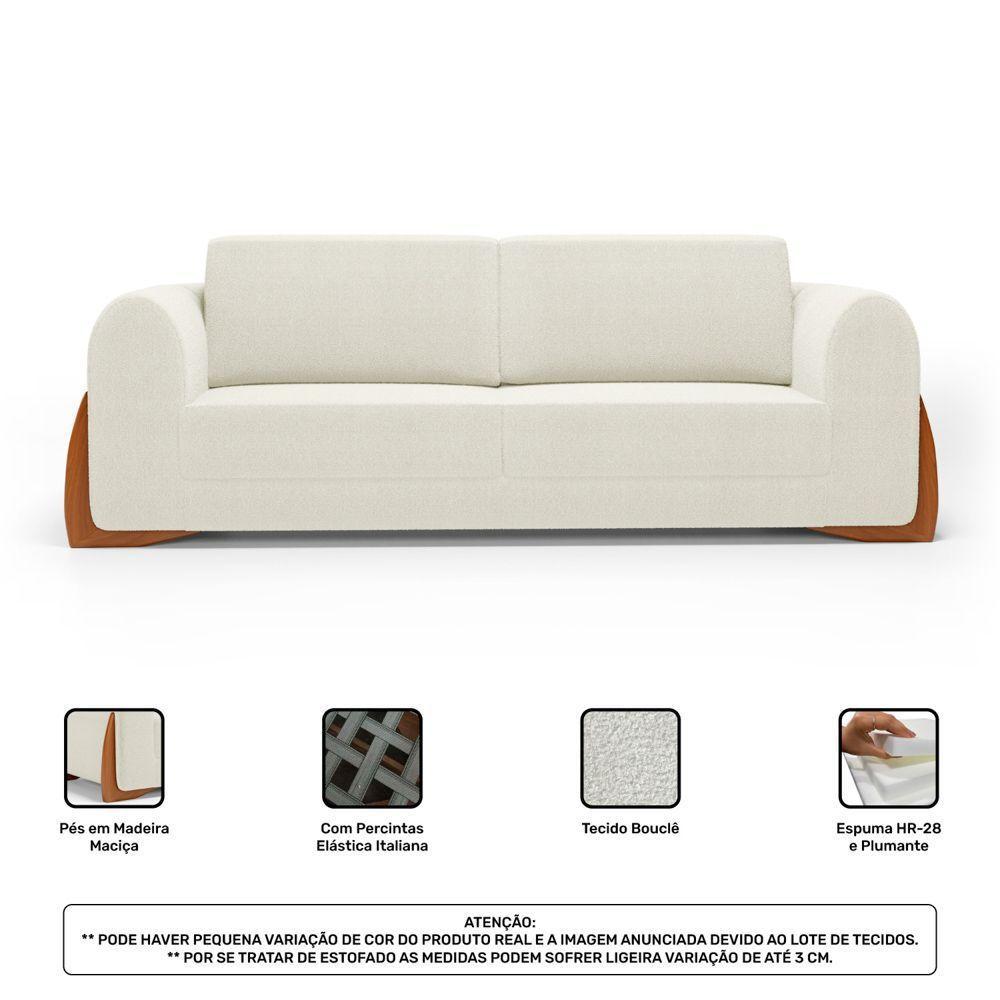 Kit 02 Poltronas E 01 Sofá Bloom 220cm 03 Lugares Com Pés De Madeira Bouclê Off White - Abmaza - 6