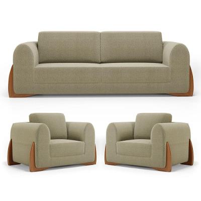 Kit 02 Poltronas E 01 Sofá Bloom 180cm 02 Lugares Com Pés De Madeira Bouclê Bege - Abmaza