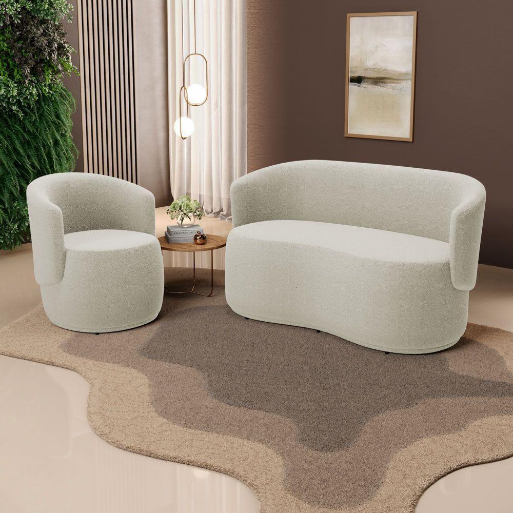 Kit Poltrona E Namoradeira Aisha Orgânica Bouclê Bege - Abmaza - 2