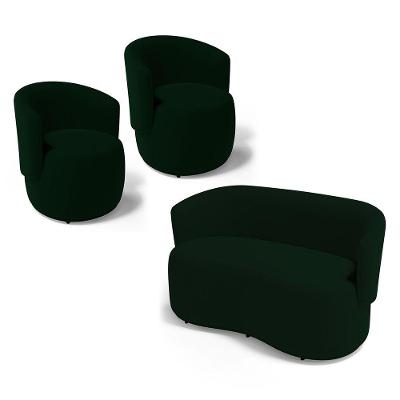 Kit 2 Poltronas E 1 Namoradeira Aisha Orgânica Veludo Verde Escuro - Abmaza