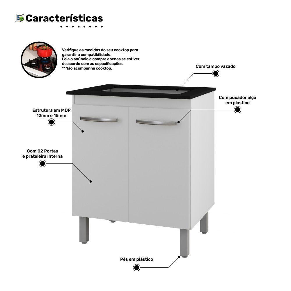 Balcão Para Cooktop Jady 70cm 02 Portas Com Tampo Recortado Branco - Abmaza - 3