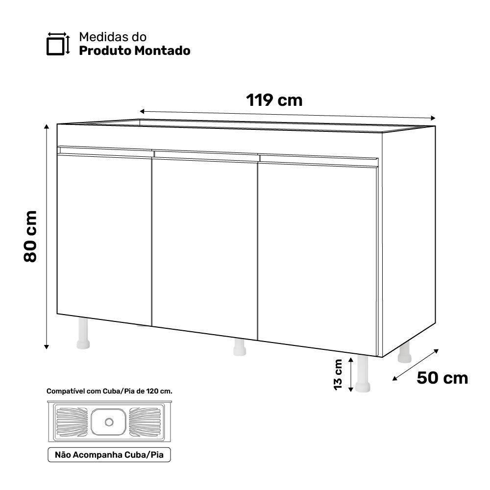 Balcão Buffet Gabinete De Cozinha Lux 120cm 100% Mdf Com Tampo 03 Portas Branco - Abmaza - 4