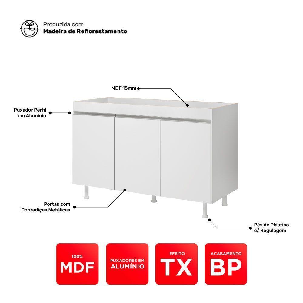 Balcão Buffet Gabinete De Cozinha Lux 120cm 100% Mdf Com Tampo 03 Portas Branco - Abmaza - 7