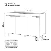 Balcão Buffet Gabinete De Cozinha Lux 120cm 100% Mdf Com Tampo 03 Portas Branco - Abmaza
