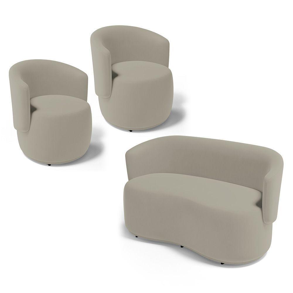 Kit 2 Poltronas E 1 Namoradeira Aisha Orgânica Suede Bege - Abmaza - 1