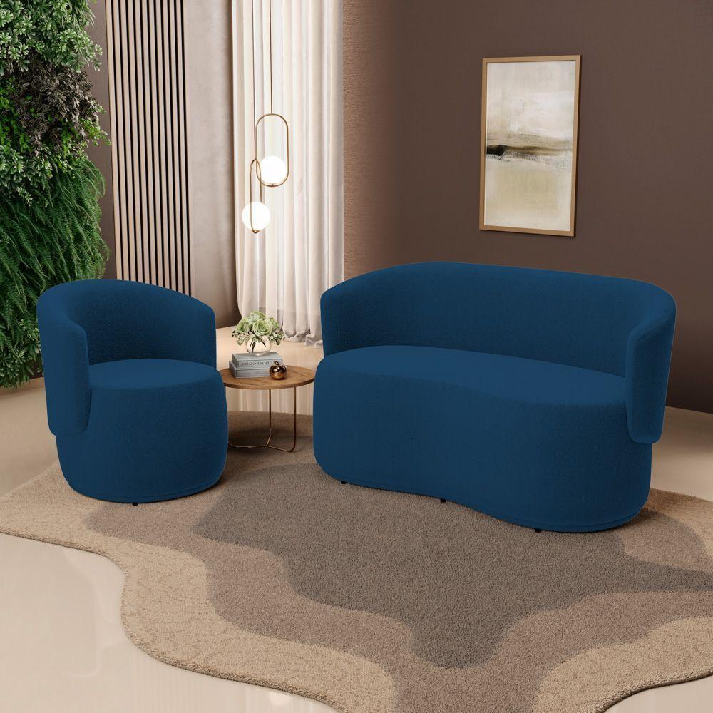 Kit Poltrona E Namoradeira Aisha Orgânica Bouclê Azul Marinho - Abmaza - 2