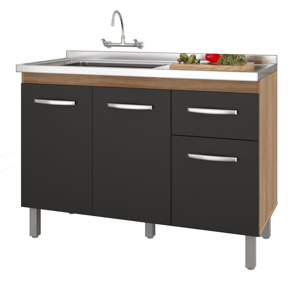 Balcão Gabinete Para Pia Anyta 118cm 03 Portas Sem Tampo Savana Preto - Abmaza - 1