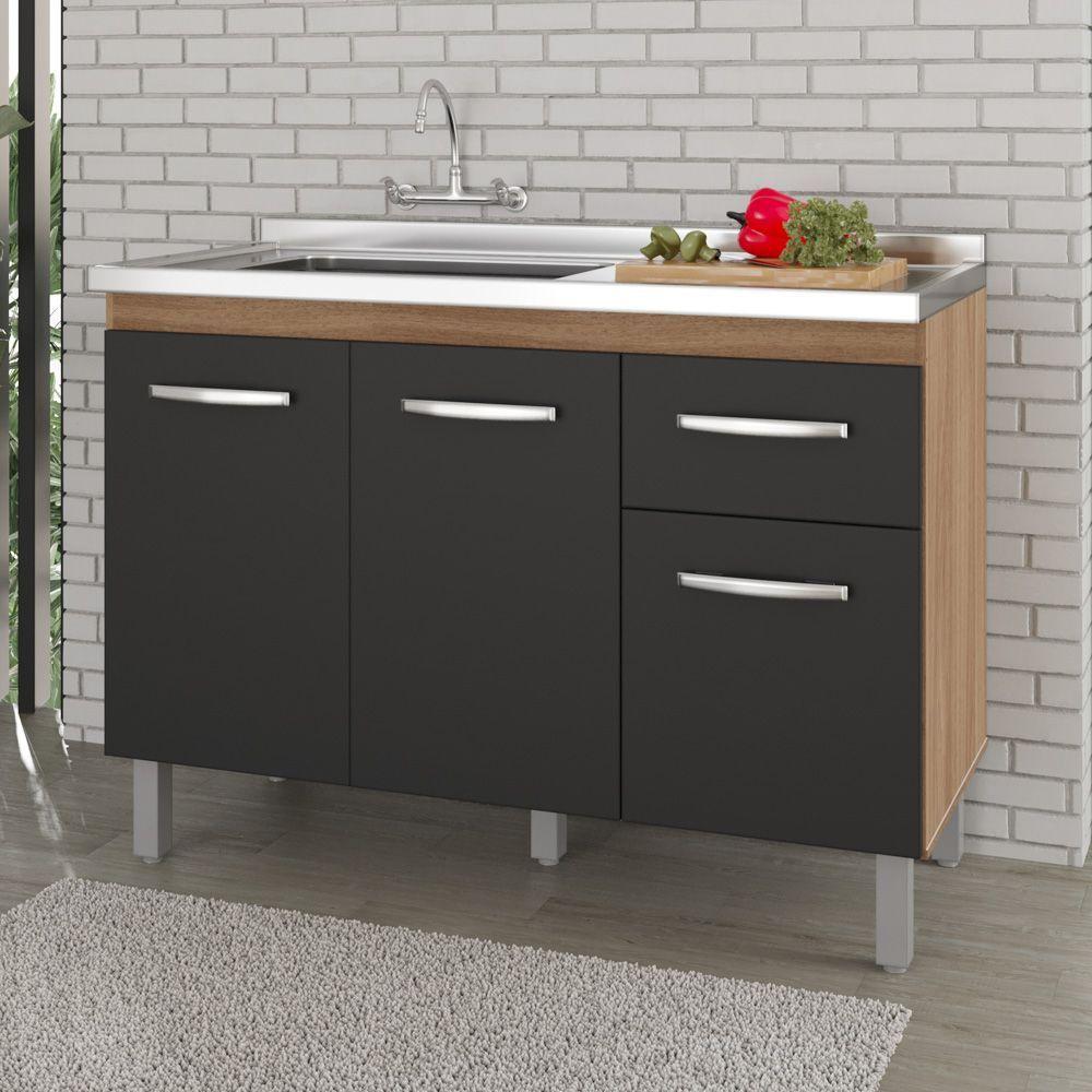 Balcão Gabinete Para Pia Anyta 118cm 03 Portas Sem Tampo Savana Preto - Abmaza - 2