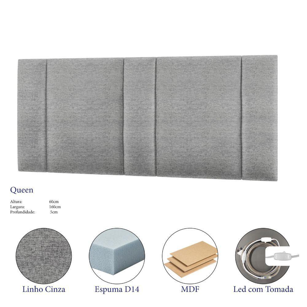 Cabeceira Painel Cama Box Queen Size Siri 160cm Com Led Linho Cinza - Abmaza - 3
