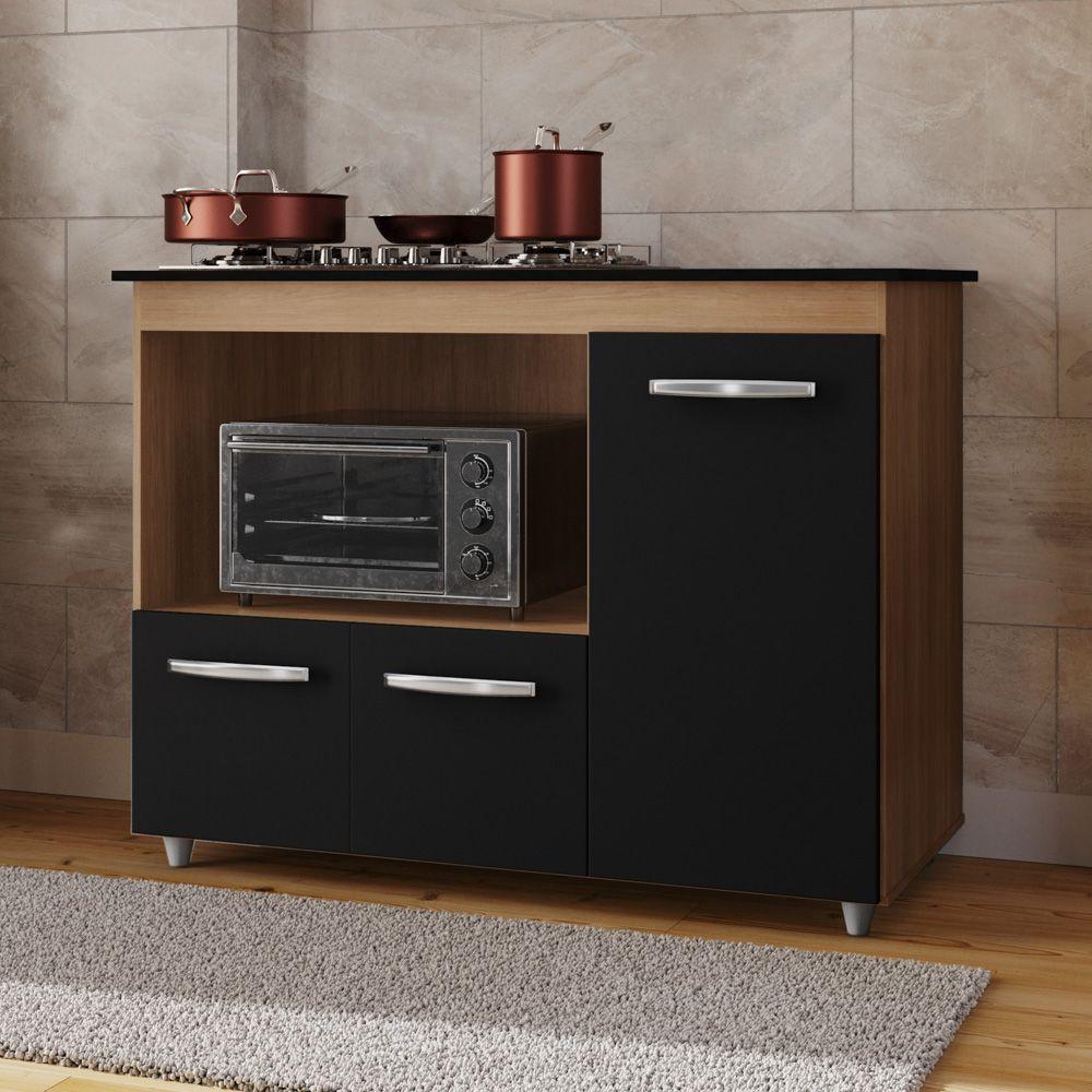 Balcão Para Cooktop Anna 114cm 03 Portas Com Tampo Recortado Savana Preto - Abmaza - 2