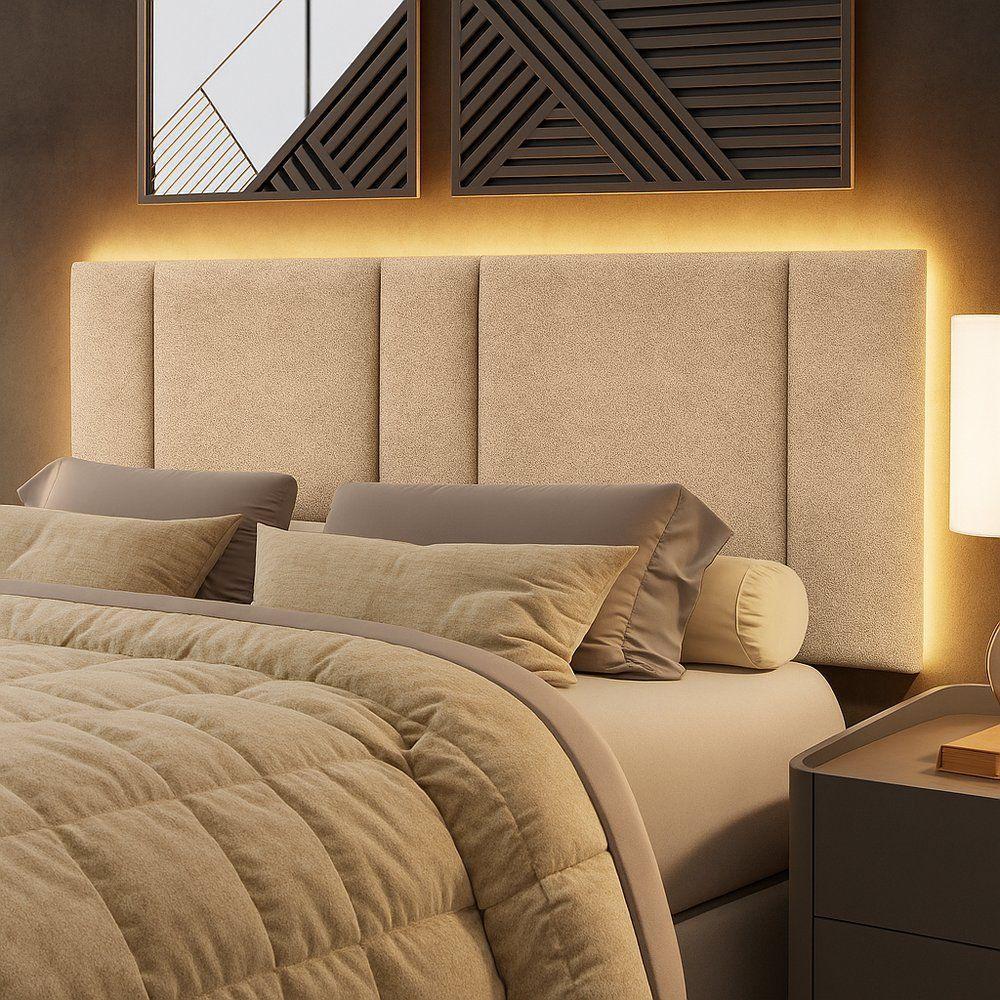 Cabeceira Painel Cama Box Queen Size Siri 160cm Com Led Bouclé Bege - Abmaza - 1