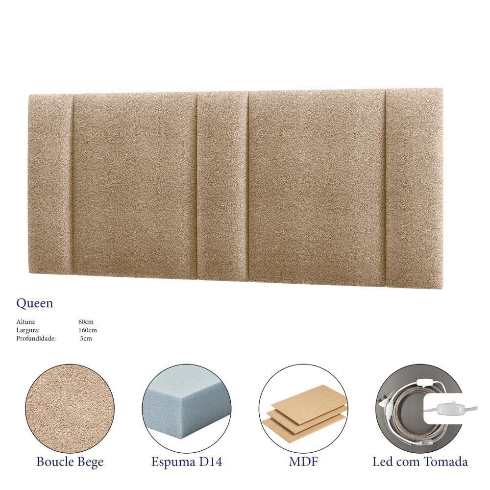Cabeceira Painel Cama Box Queen Size Siri 160cm Com Led Bouclé Bege - Abmaza - 3