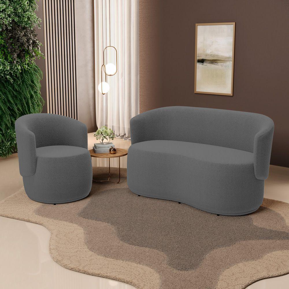Kit 2 Poltronas E 1 Namoradeira Aisha Orgânica Bouclê Cinza Escuro - Abmaza - 2