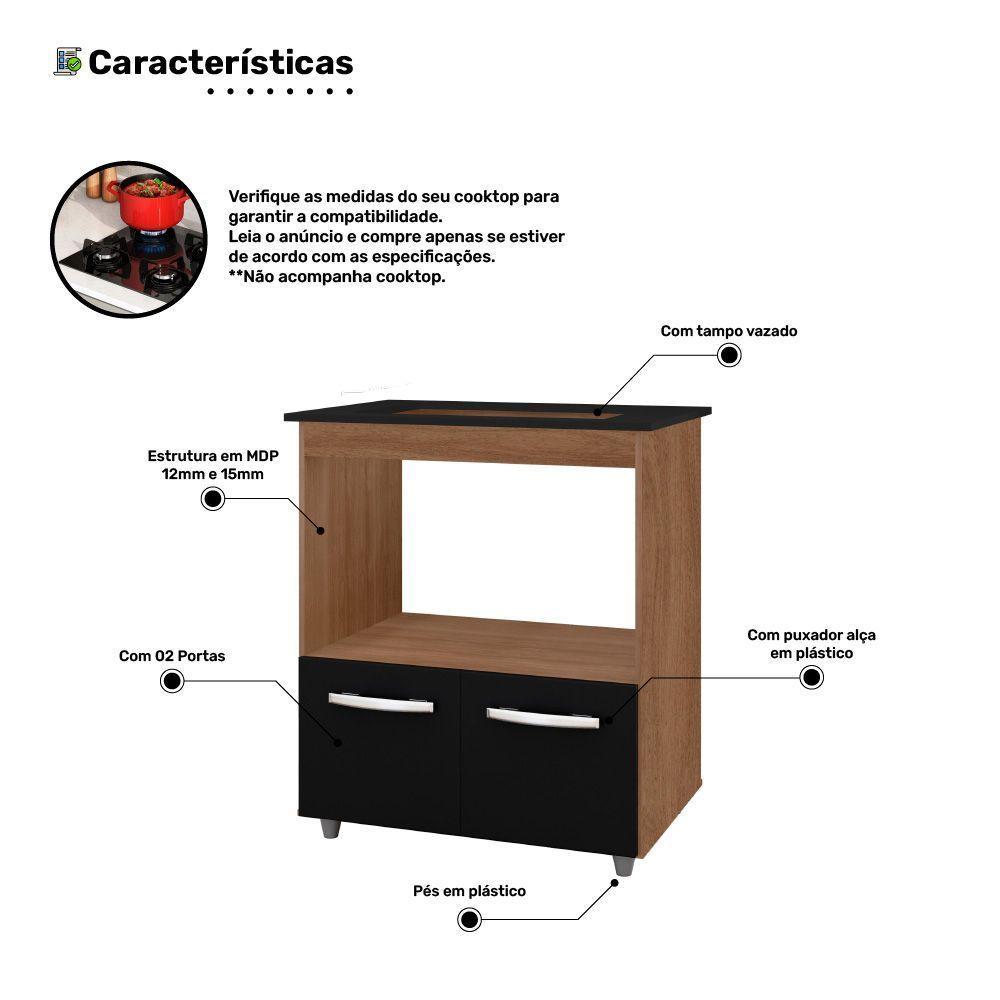 Balcão Para Cooktop Elis 75cm 02 Portas Com Tampo Recortado Savana Preto - Abmaza - 5
