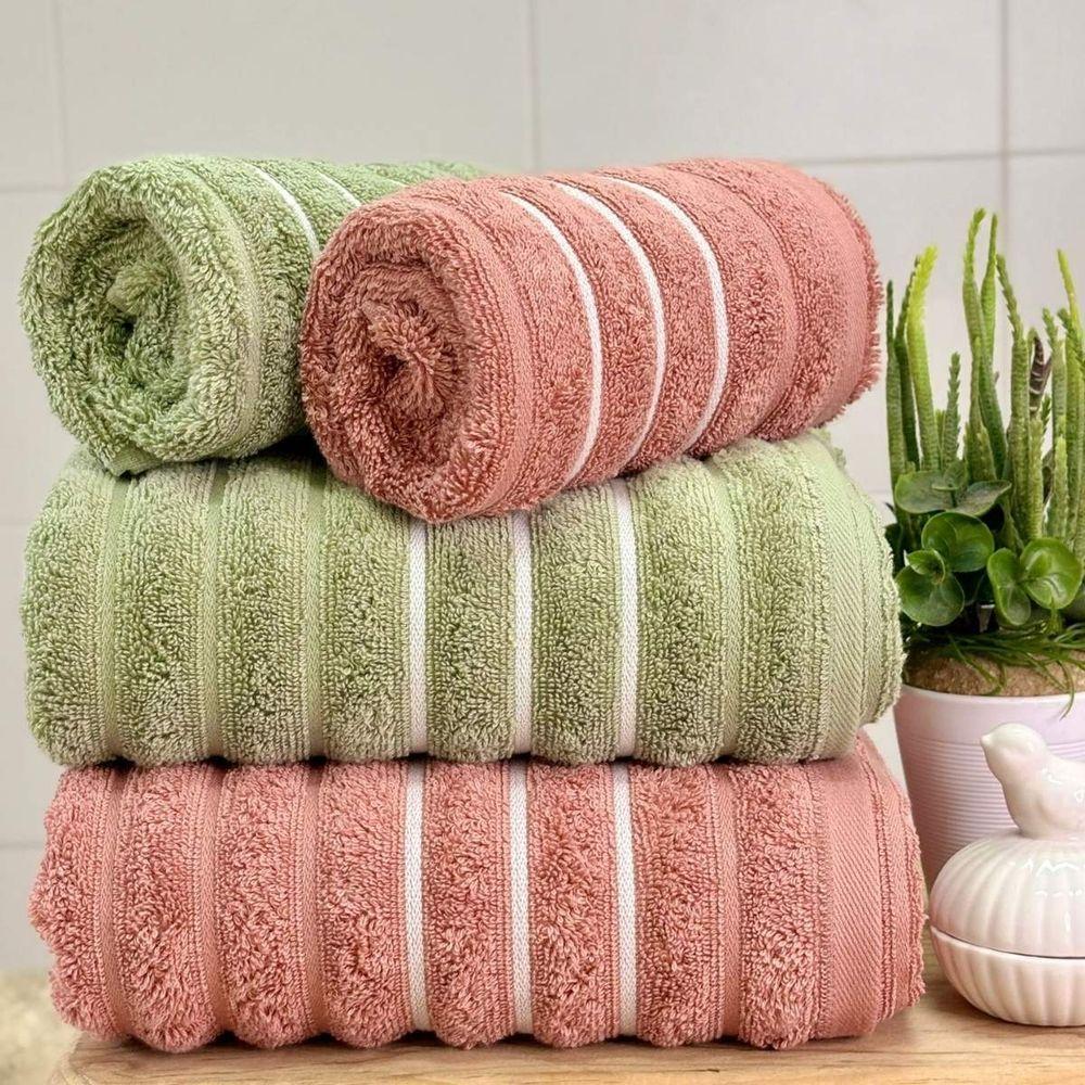 Jogo De Toalhas Wave 4 Peças 100% Algodão Fio Penteado Rosa-verde Oliva - 1