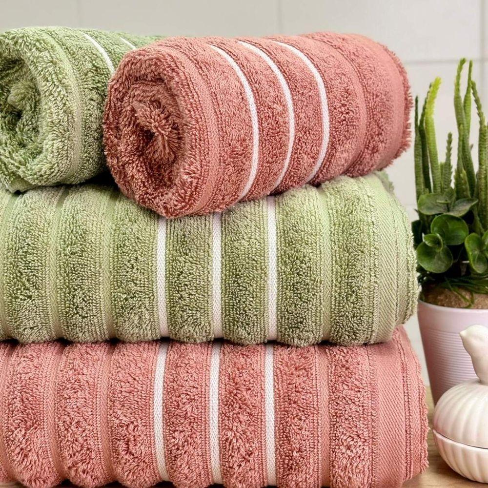 Jogo De Toalhas Wave 4 Peças 100% Algodão Fio Penteado Rosa-verde Oliva - 2