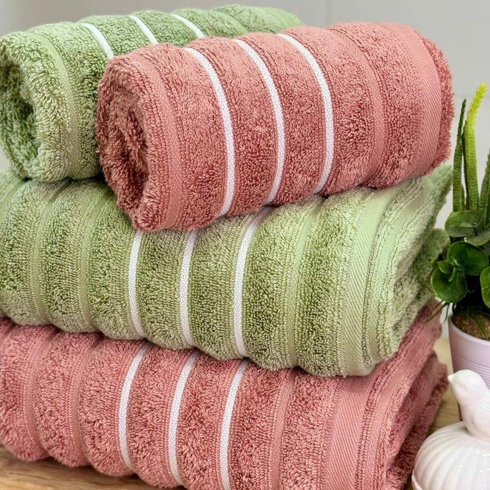 Jogo De Toalhas Wave 4 Peças 100% Algodão Fio Penteado Rosa-verde Oliva - 3