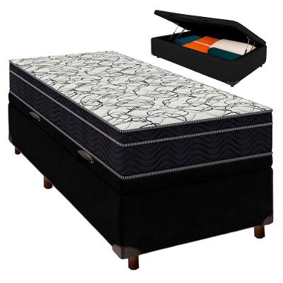 Cama Box Bau Preto + Colchão Solteiro Airtech 150 Ortobom
