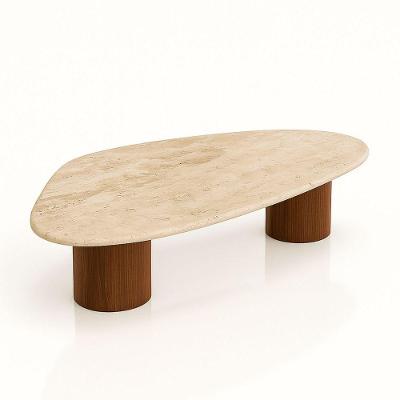 Mesa De Centro Astrid 137x90 Cm Base Dupla Nogueira Tampo Mármore Travertino