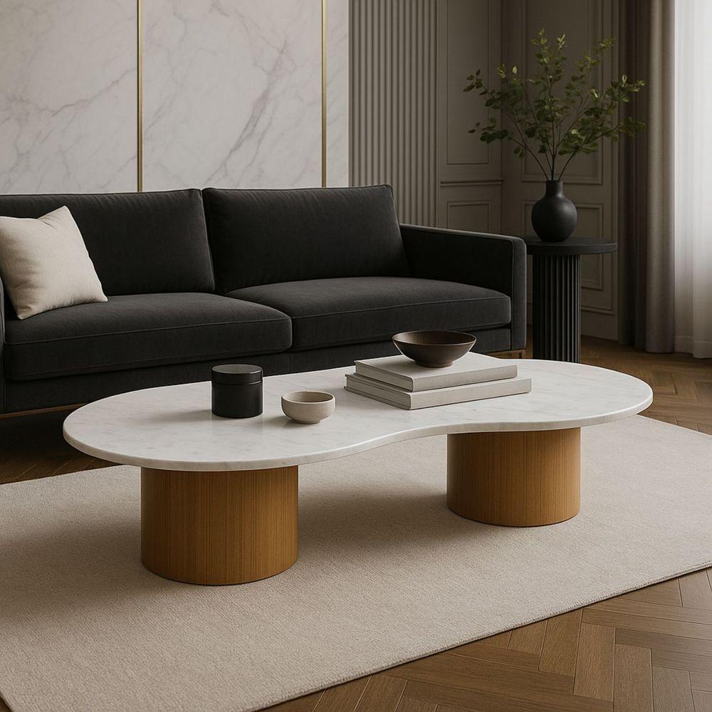 Mesa De Centro Aura 137x90 Cm Base Dupla Freijó Tampo Mármore Branco Extra - 4