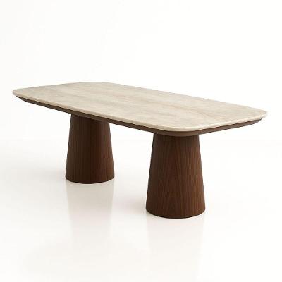 Mesa De Jantar Quartzito Taj Mahal Base E Tampo Duplo Nogueira 198x122 Cm