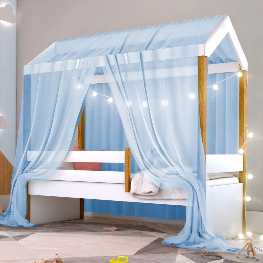 Cama Montessori Cabana Solteiro Com Cordão Led E Dossel Azul - 1