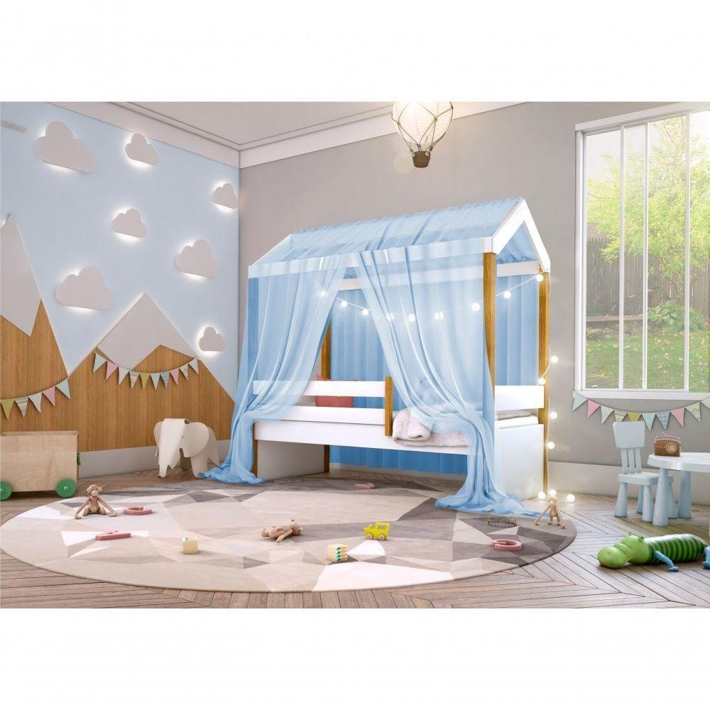 Cama Montessori Cabana Solteiro Com Cordão Led E Dossel Azul - 2