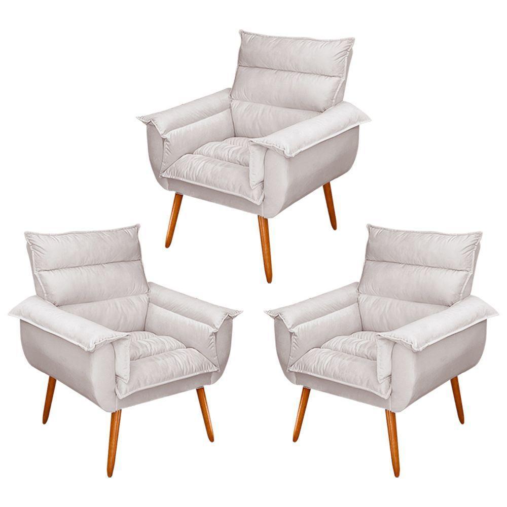 Kit 03 Poltronas Decorativas Modernas Sala E Recepção Monza Pés Palito Veludo Bege - Abmaza - 1