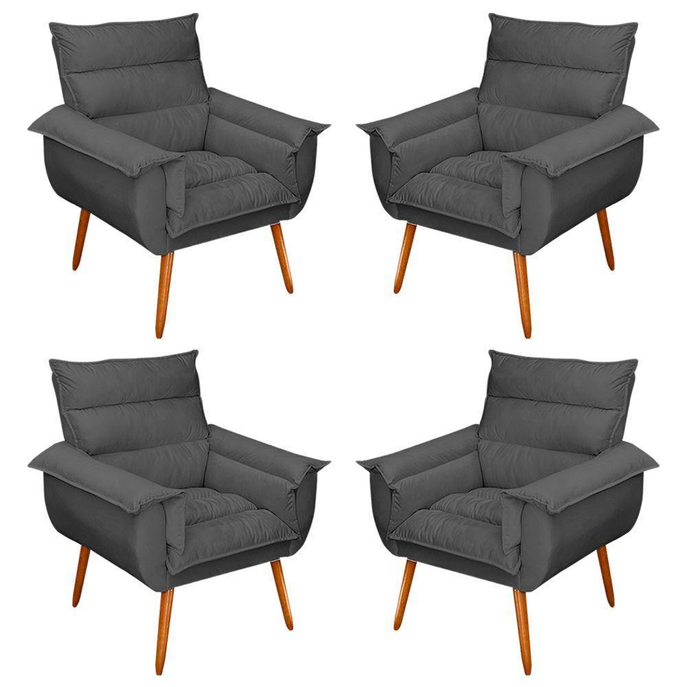 Kit 04 Poltronas Decorativas Modernas Sala E Recepção Monza Pés Palito Veludo Cinza - Abmaza - 1