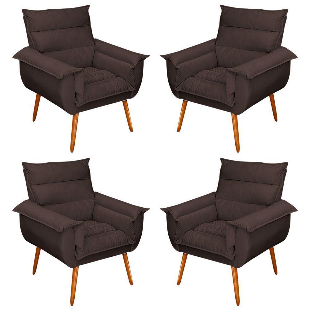 Kit 04 Poltronas Decorativas Modernas Sala E Recepção Monza Pés Palito Suede Marrom - Abmaza - 1