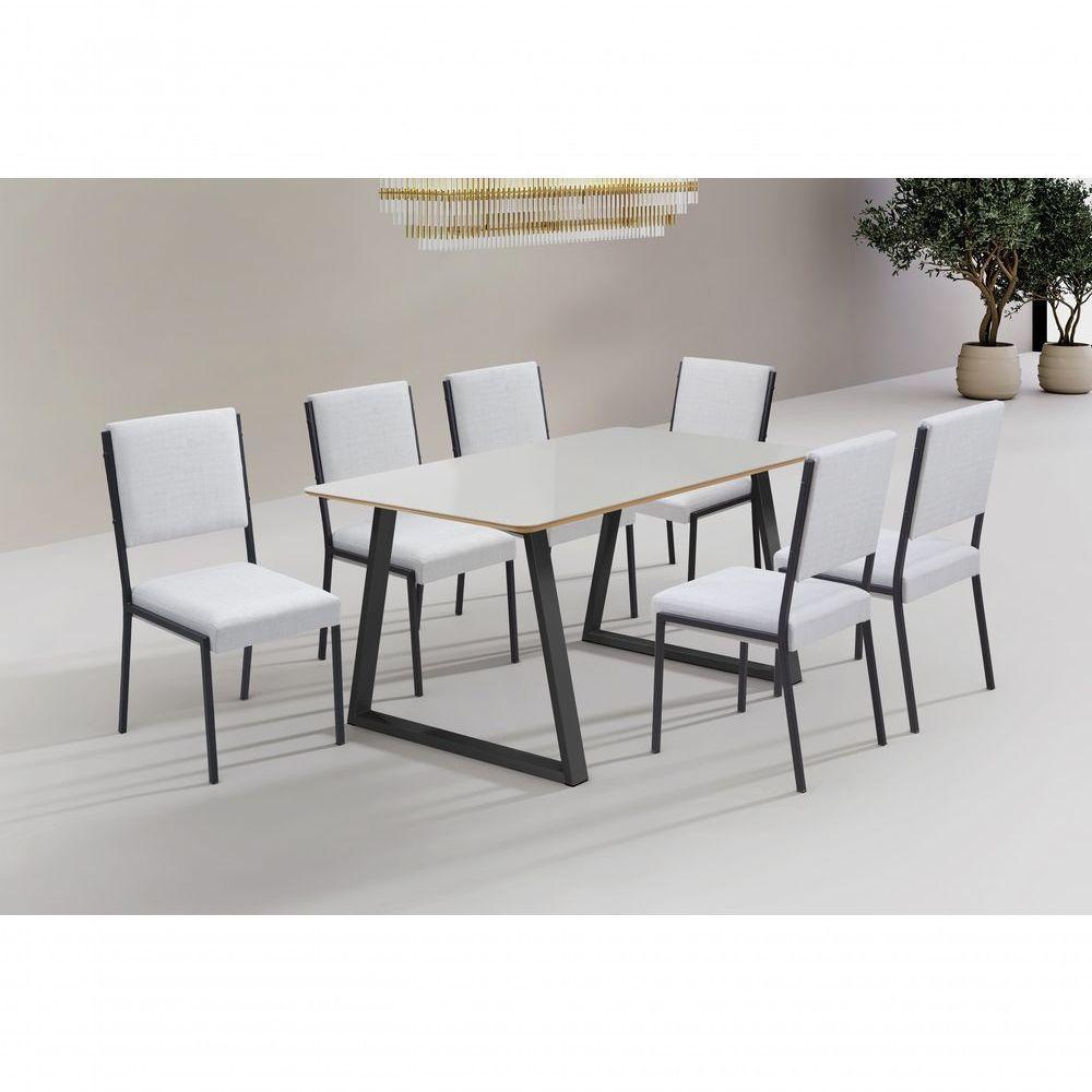 Conjunto Mesa Tóquio Tampo Vidro 160cm 6 Cadeiras Lisboa Gol Decor Vidro Off White-preto-tecido Bege-preto - 3