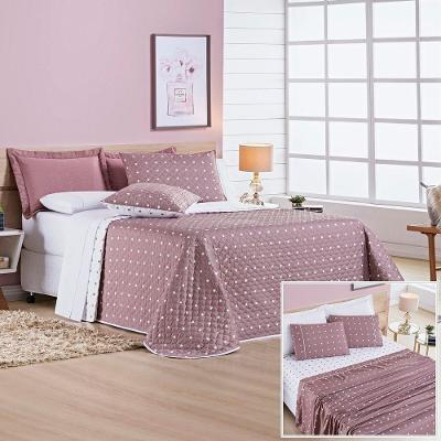 Cobre Leito + Jogo De Cama 200 Fios Petit Poá Casal Padrão 07 Peças 100% Poliéster - Rose