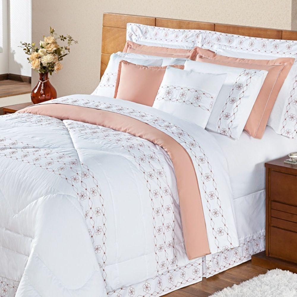Edredom + Jogo De Cama 200 Fios Damasco Queen 15 Peças 100% Poliéster - Branco-salmao - 1
