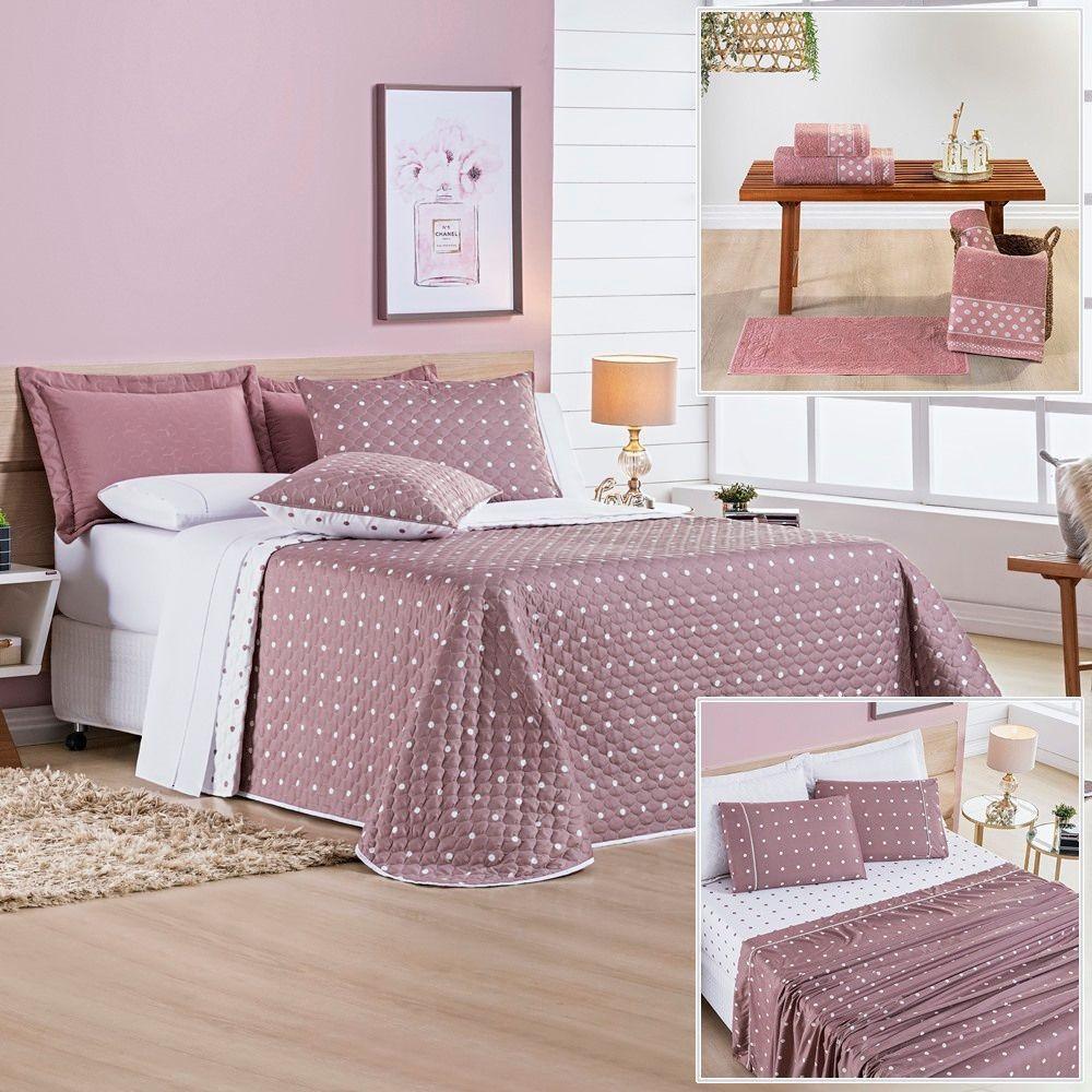 Cobre Leito + Jogo De Cama Queen + Jogo De Banho Petit Poá 12 Peças 100% Poliéster - Rose - 1
