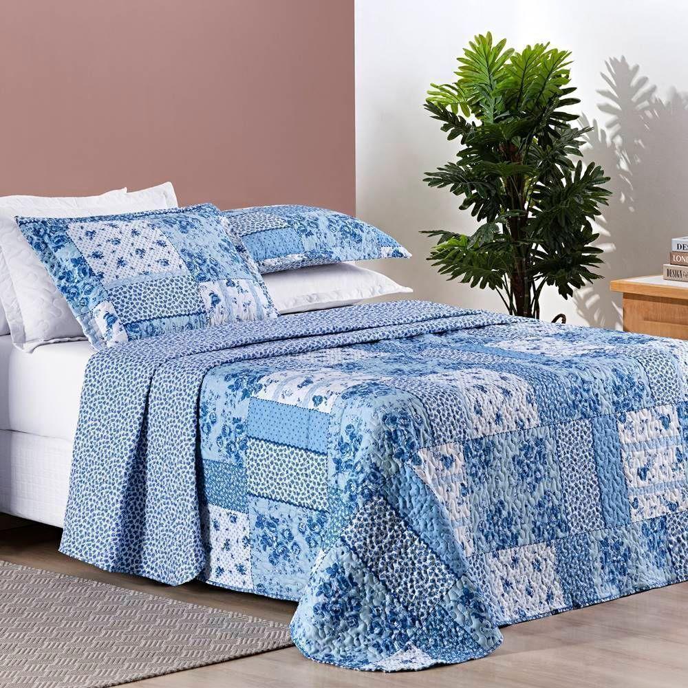 Colcha + Jogo De Cama Bouti Estampado Casal 06 Peças 100% Poliéster - Azul Sereno - 7