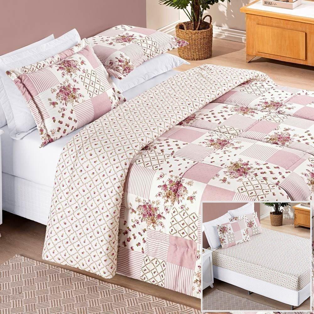 Edredom 2,40m X 2,20m + Jogo De Cama Casal Padrão Bouti 06 Peças 100% Poliéster - Rosa Matura - 1