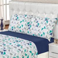Edredom 2,60m X 2,40m + Jogo De Cama Malha Quality King 05 Peças 100% Algodão - Geométrico Azul - 6