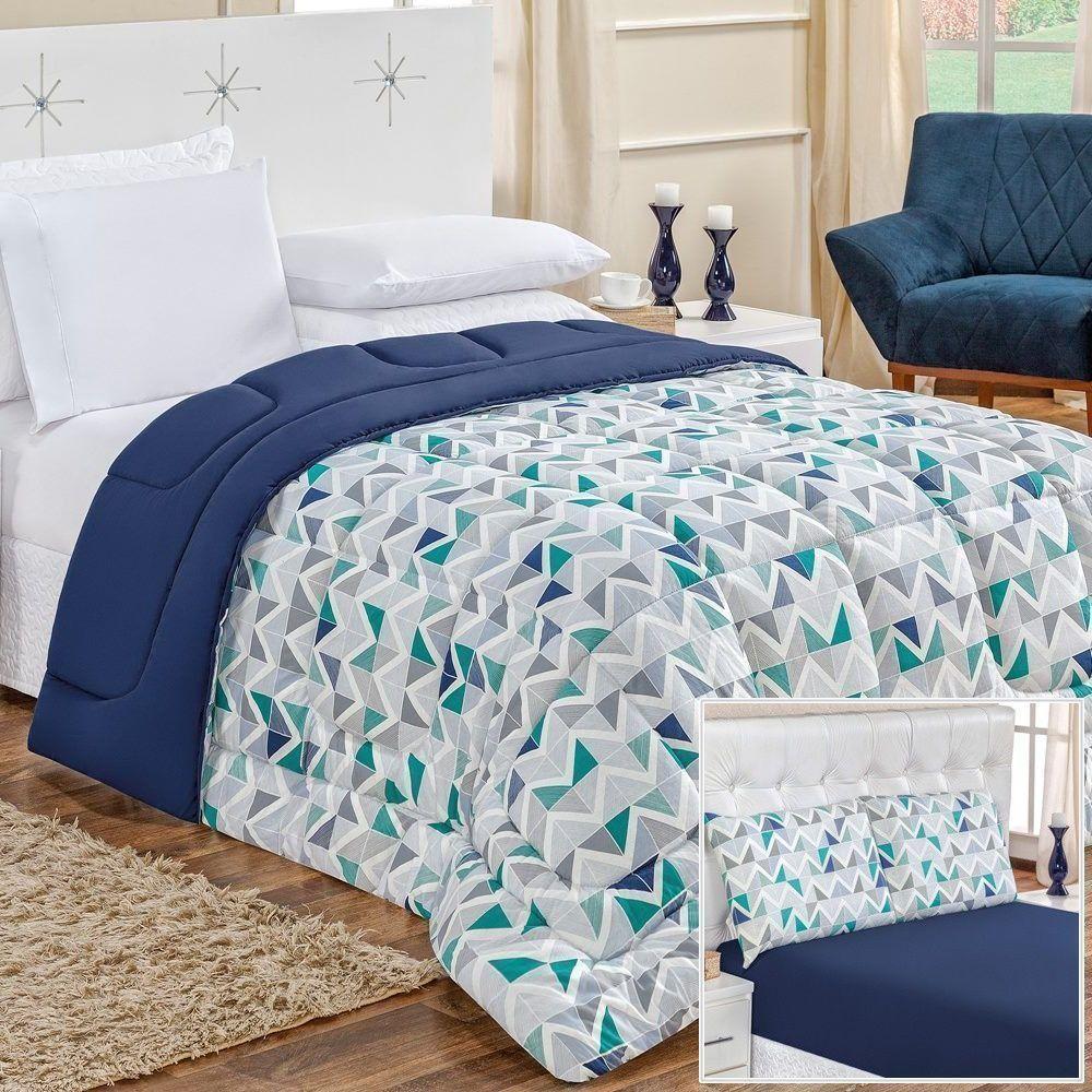 Edredom 2,60m X 2,40m + Jogo De Cama Malha Quality King 04 Peças 100% Algodão - Geométrico Azul - 1