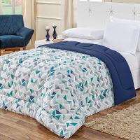 Edredom 2,60m X 2,40m + Jogo De Cama Malha Quality King 04 Peças 100% Algodão - Geométrico Azul