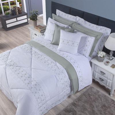 Edredom + Jogo De Cama 200 Fios Damasco Queen 15 Peças 100% Poliéster - Branco-cinza