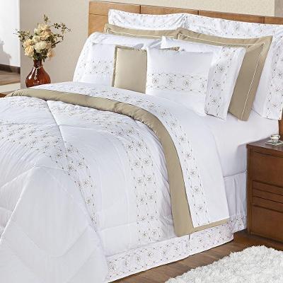 Edredom + Jogo De Cama 200 Fios Damasco King 15 Peças 100% Poliéster - Branco-bege