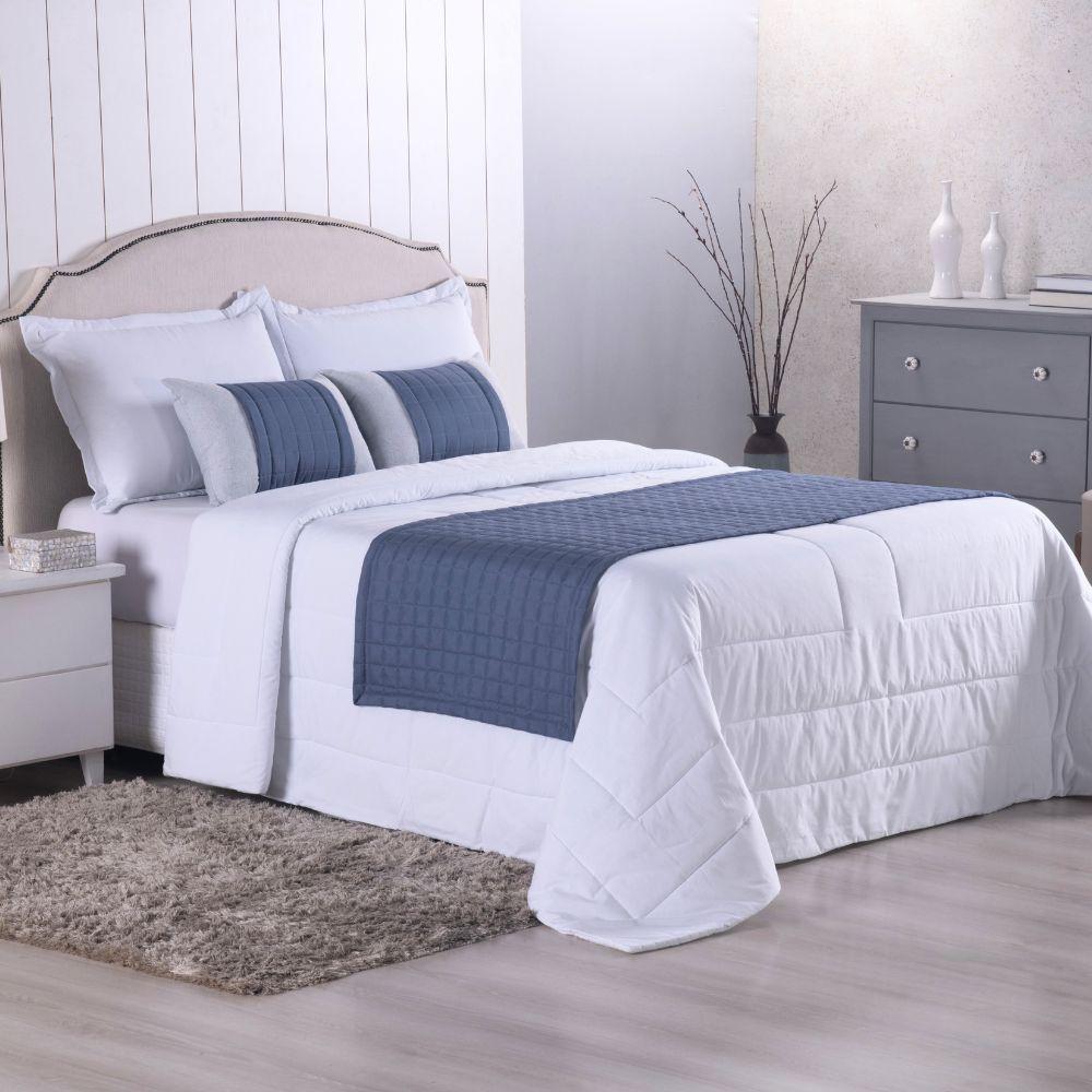 Cobre Leito Branco + Kit Peseira Matelado Copacabana Percal 300 Fios Queen 08 Peças 100% Poliéster - Branco-azul - 1