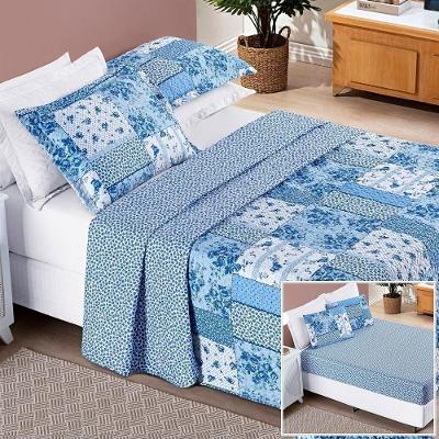 Colcha + Jogo De Cama Bouti Estampado King 06 Peças 100% Poliéster - Azul Sereno