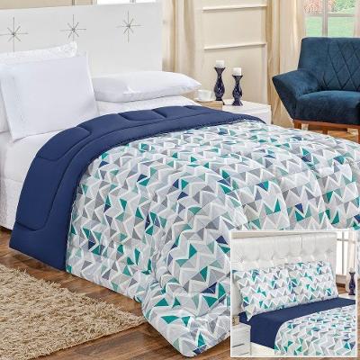 Edredom 2,40 X 2,20m + Jogo De Cama Malha Quality Queen 05 Peças 100% Algodão - Geométrico Azul