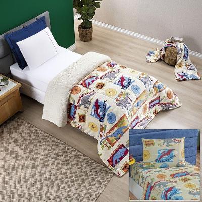 Kit Coberdrom + Jogo De Cama Bouti Kids Solteiro 04 Peças 100% Poliéster - Dino