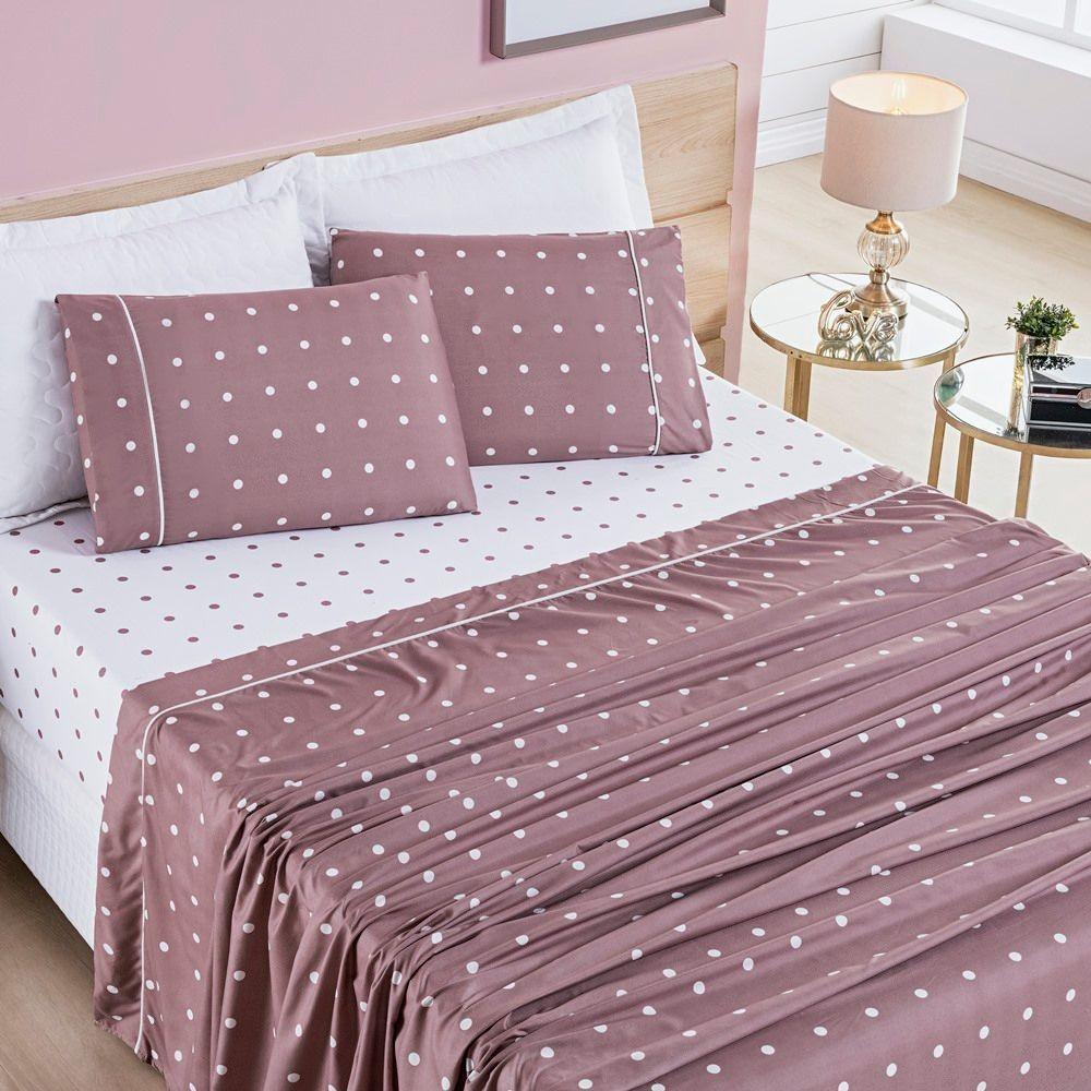 Cobre Leito + Jogo De Cama Queen + Jogo De Banho Petit Poá 12 Peças 100% Poliéster - Rose - 10