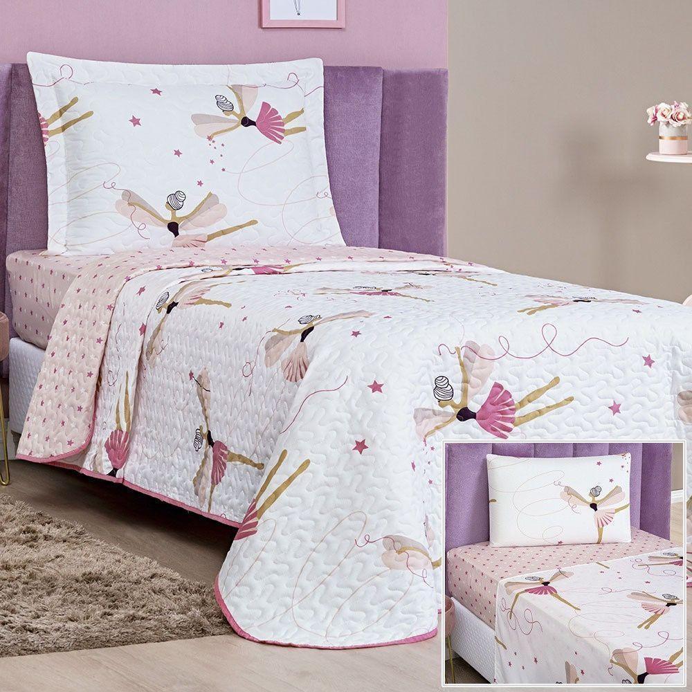 Kit Colcha + Jogo De Cama Bouti Kids Solteiro Infantil 5 Peças 100% Poliéster - Bailarina - 1