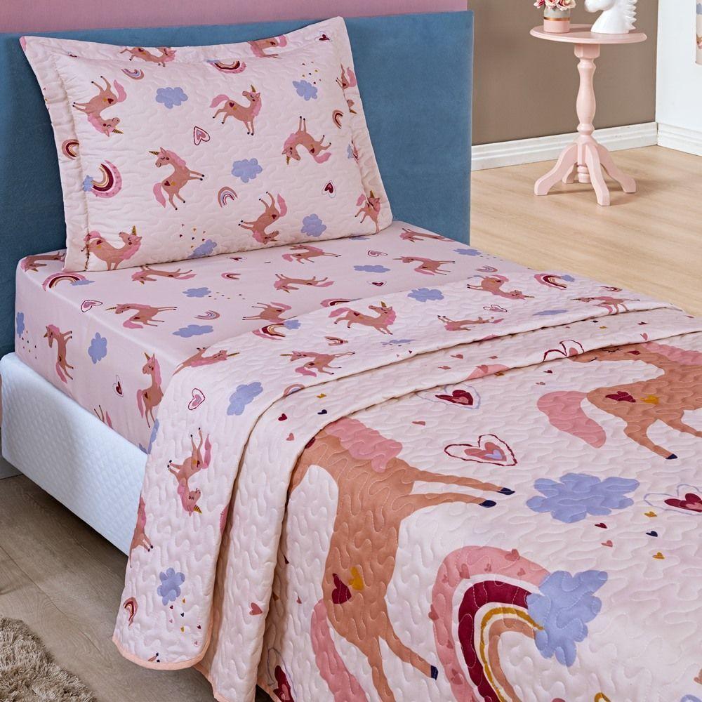 Kit Colcha + Jogo De Cama Bouti Kids Solteiro Infantil 5 Peças 100% Poliéster - Unicórnio - 2