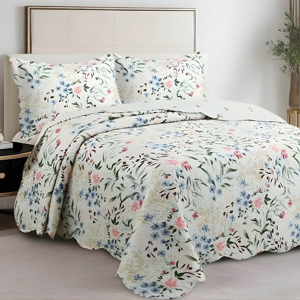 Kit Cobre Leito Colcha Magnus Casal 3 Peças Dupla Face Estampado Floral - Primavera Azul - 100% Poliéster - 2